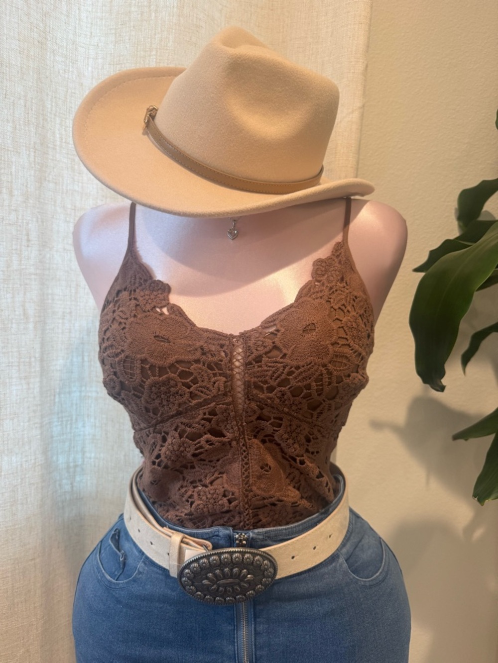 Brown Crochet Lace Cami Tank Top - Women